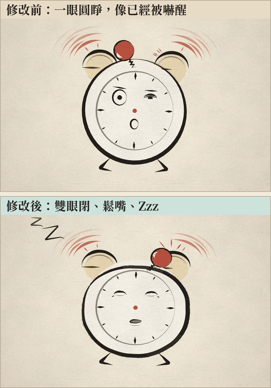 第一顆關鍵幀的左右對照：修改前一眼圓睜像被嚇醒；修改後雙眼閉、鬆嘴、加上 Zzz