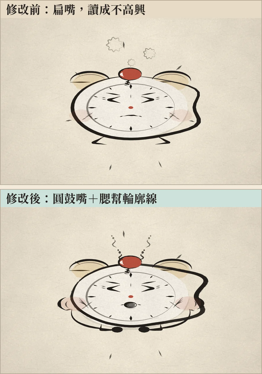 憋氣那顆關鍵幀的左右對照：修改前嘴巴扁、讀成不高興；修改後圓鼓嘴與腮幫輪廓線