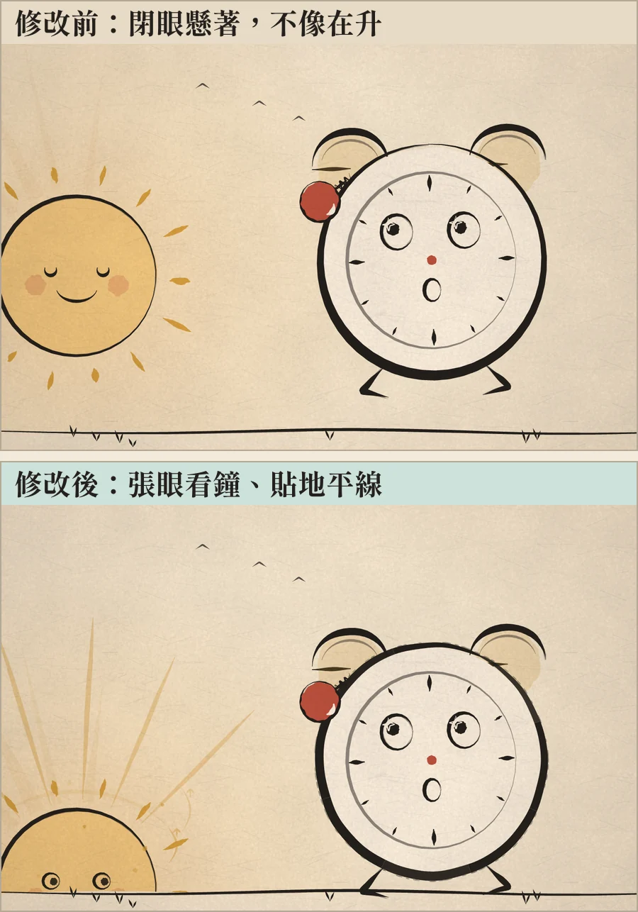 太陽升起那顆關鍵幀的左右對照：修改前太陽閉眼懸浮；修改後張眼看鬧鐘、貼近地平線、鐘腳踩線