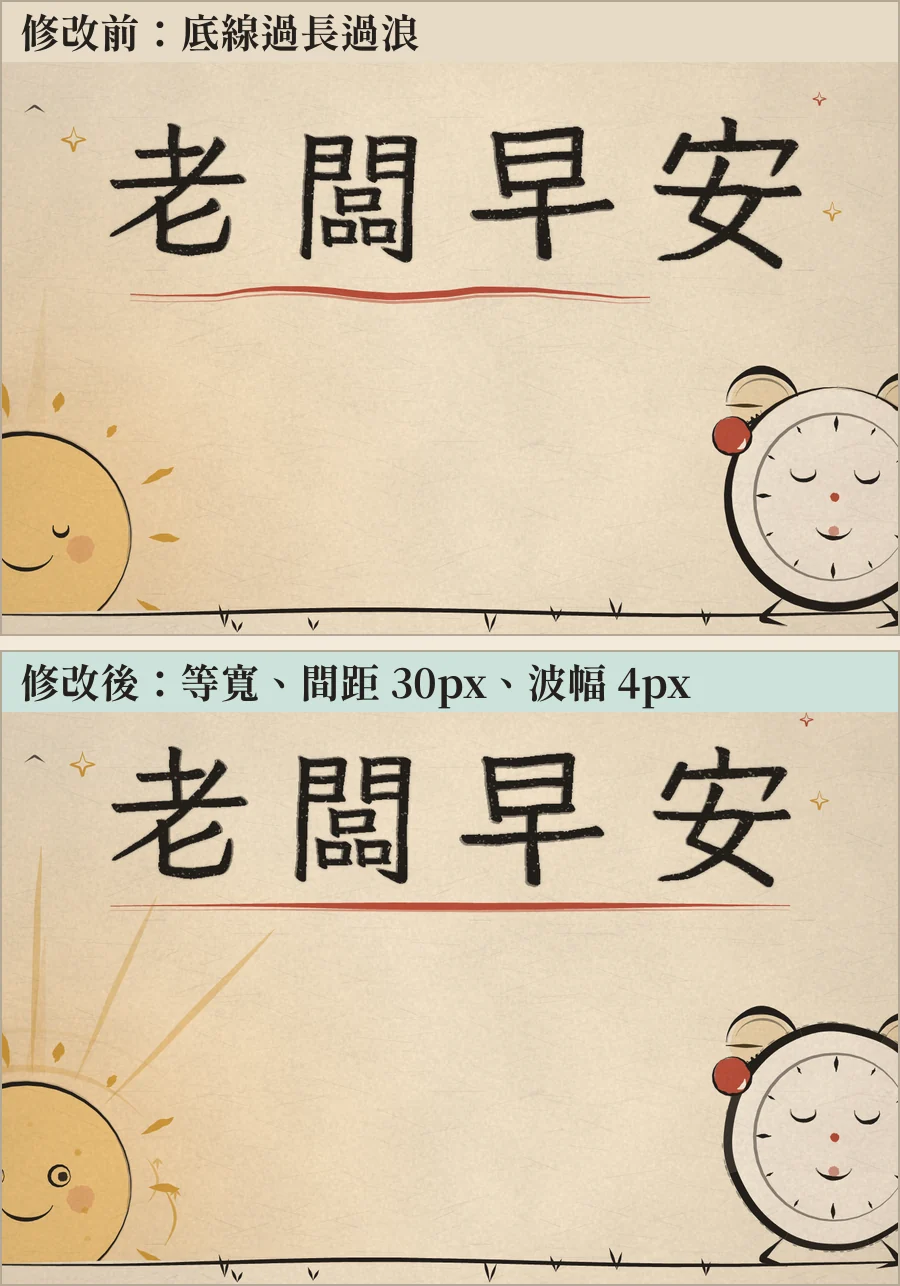 字卡那顆關鍵幀的左右對照：修改前紅色底線過長過浪；修改後長度等於四字總寬、間距 30px、波幅 4px